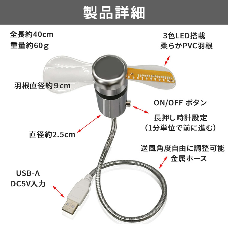 時計&温度表示】卓上USBファン LEDクロック付 デジタル温度計内蔵 光る