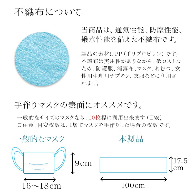 不織布 マスクの表面用 長さ1m 幅17.5cm スカイブルー 青 手作りマスク 不織布について