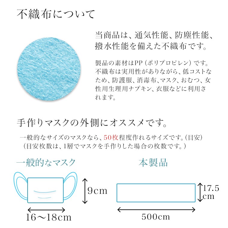 不織布 マスクの表面用 長さ5m 幅17.5cm スカイブルー 青 手作りマスク 不織布について