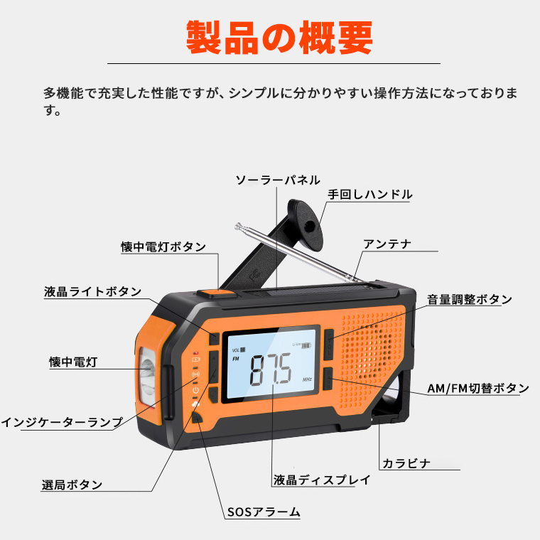 防災 ラジオ 充電 懐中電灯 手回し LEDライト 多機能 スマホ充電 AM FM