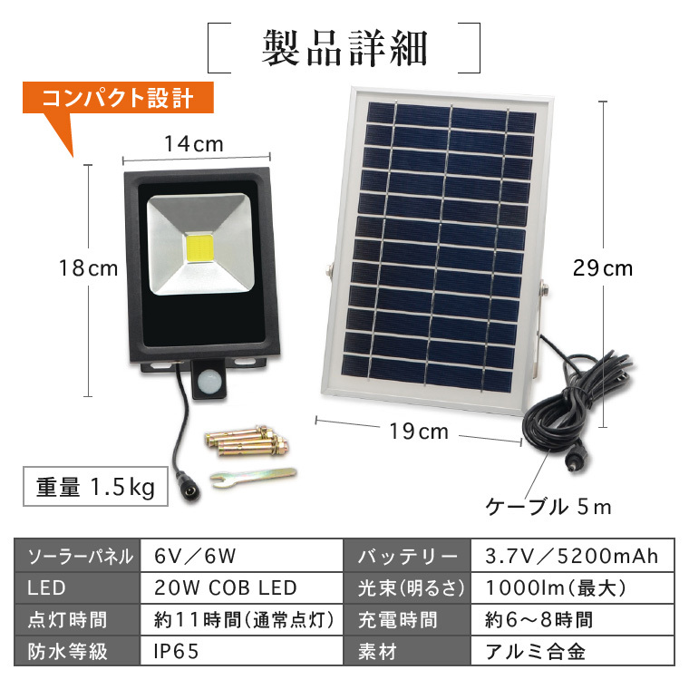 ソーラー ライト 投光器 人感センサー LED 20W 屋外 充電式 防水