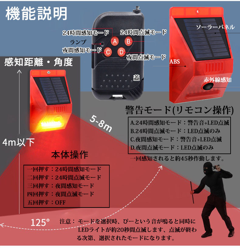 防犯アラーム ソーラー ライト リモコン付 充電式 防犯 ブザー 人感センサー 防獣ライト 警報器 動物撃退