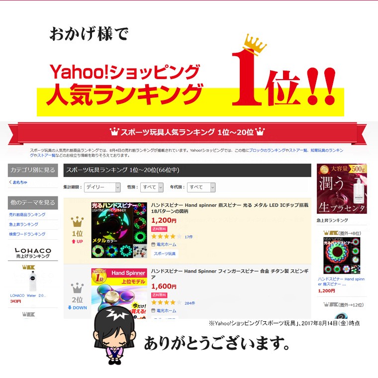 お陰様でYahoo!ショッピング「スポーツ玩具部門」にてハンドスピナーがランクインしました。