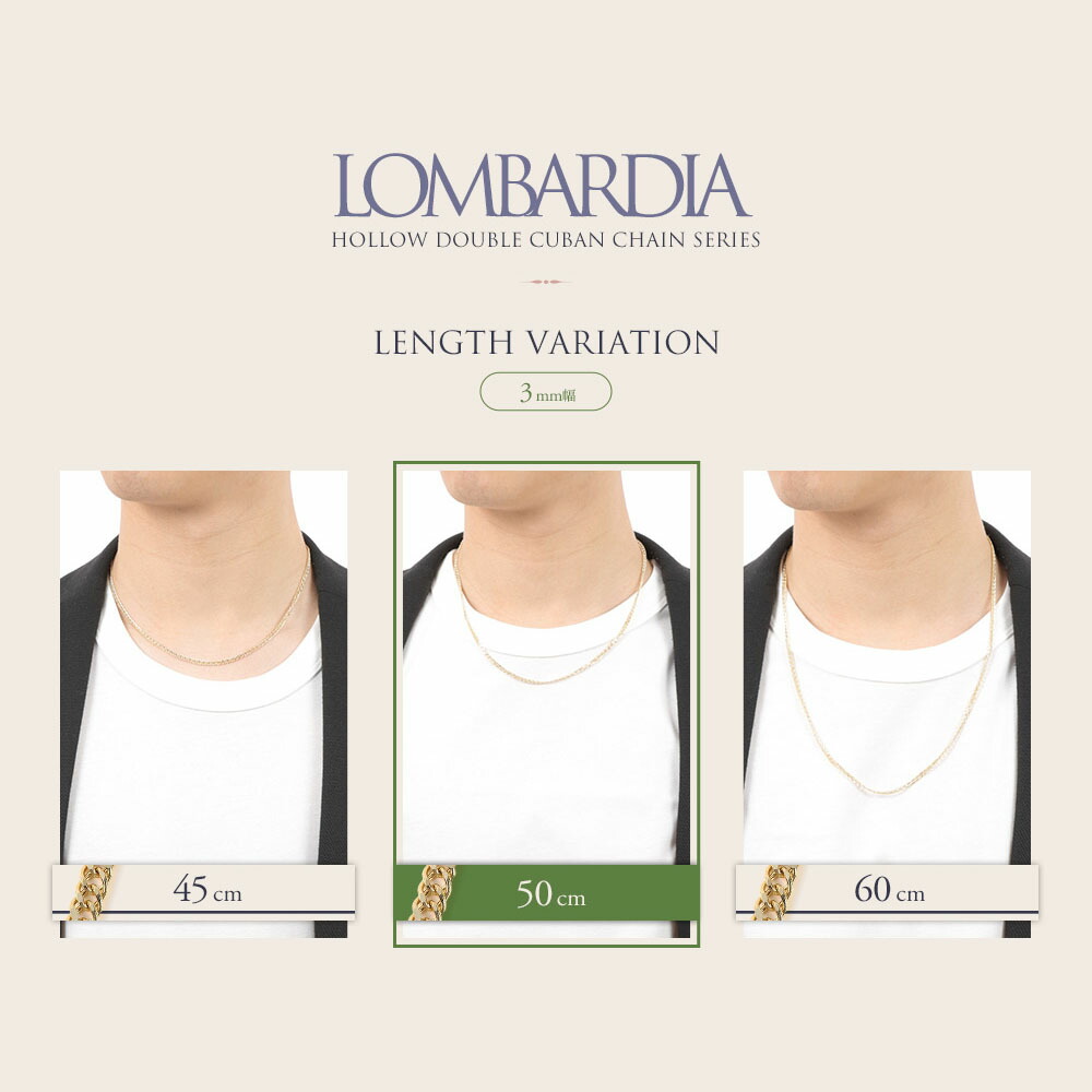 18金 メンズ ネックレス 18k イエローゴールド「LOMBARDIA HOLLOW ダブル キューバン キヘイ」チェーン 3mm幅 50cm[K18 インポート 10k 中空 ホロウ ホロー]の画像