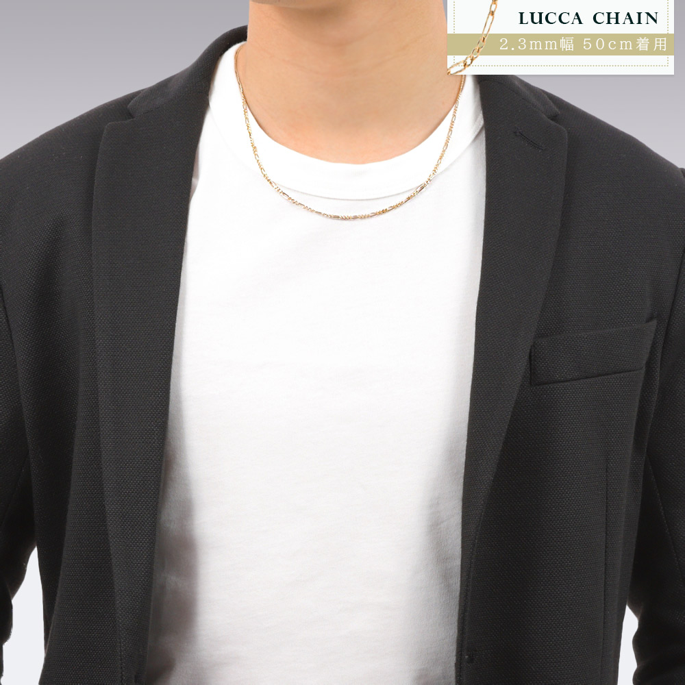 18金 メンズ ネックレス 18k レディース 「hollow フィガロ Lucca チェーン」2.3mm幅 50cm[k18 喜平 イタリア キヘイ きへい インポート 2.5mm 2mm 2面 中空 太]の画像