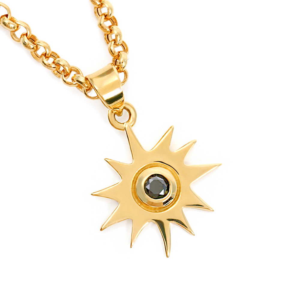 18金 メンズ ネックレス 18k レディース イエローゴールド「The SUN ブラック ダイヤモンド」ペンダント ロールチェーン セット[K18 ジュエリー YG]の画像