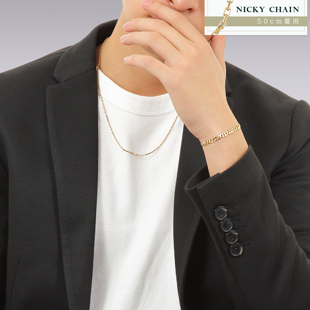 18金 メンズ ネックレス 18k イエローゴールド「8面 カット Nicky チェーン」 1.7mm 幅 50cm [k18 シンプル 定番 アズキ 喜平 ロール 10k 2mm 1.5mm 細い]の画像