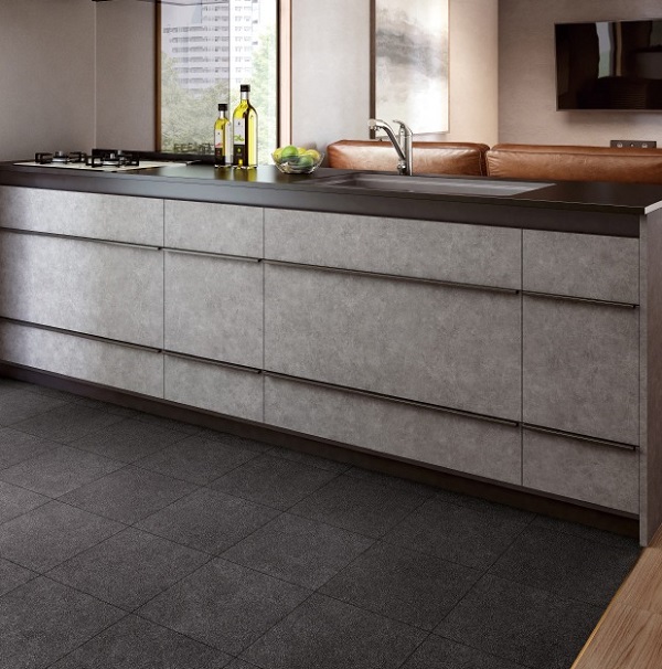 クッションフロア タイル柄 床材 黒 トイレ 洗面所 キッチン 北欧 おしゃれ 床 シート 台所 玄関 土間 インテリア リビング 高級感 傷隠し 汚れ隠し 簡単 手軽 | サンゲツ | 01