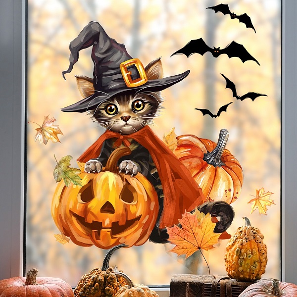 ウォールステッカー ハロウィン 猫 窓 秋 もみじ こうもり こども