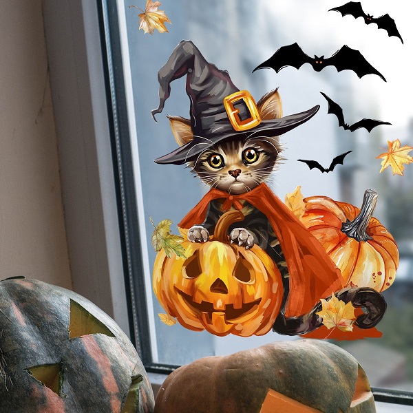 ウォールステッカー ハロウィン 猫 窓 秋 もみじ こうもり こども