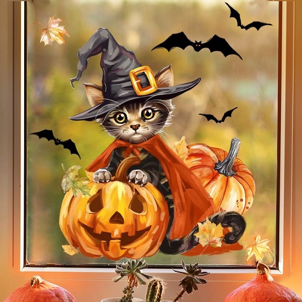 ウォールステッカー ハロウィン 猫 窓 秋 もみじ こうもり こども