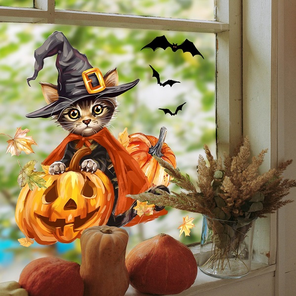 ウォールステッカー ハロウィン 猫 窓 秋 もみじ こうもり こども