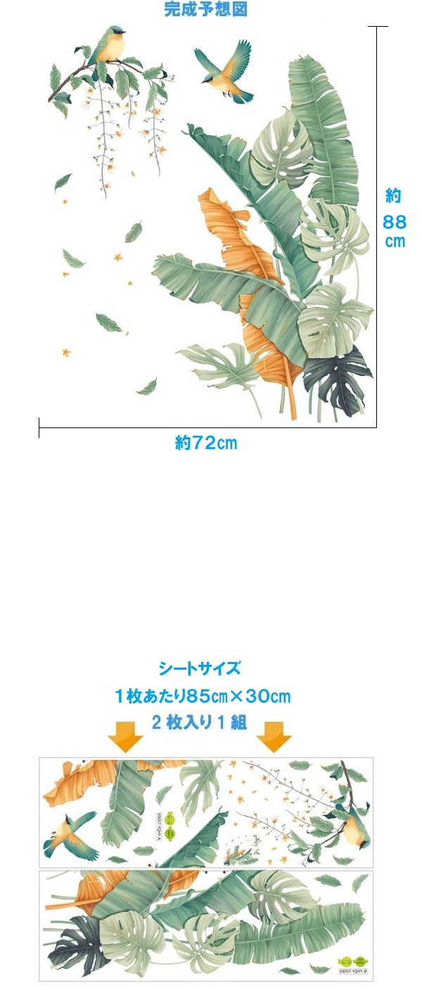 ウォールステッカー 植物 おしゃれ 鳥 南国 ...の詳細画像3