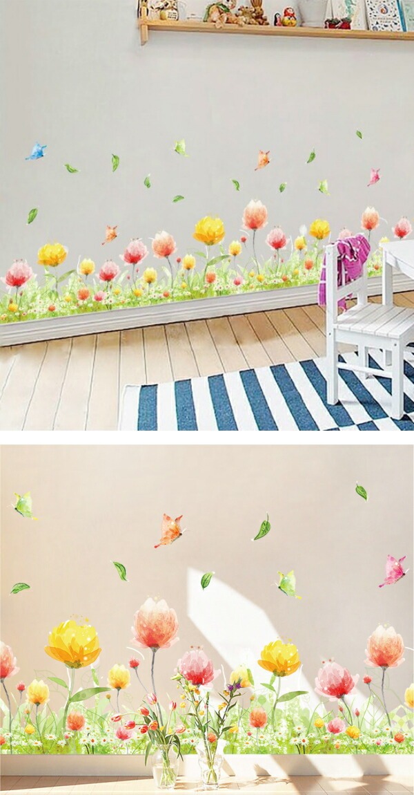 ウォールステッカー 花 北欧 おしゃれ 植物 カフェ モダン フラワー キッチン トイレ かわいらしい ステッカー 緑 グリーン フェンス 壁紙シール お花畑 vr0888 | ブランド登録なし | 02
