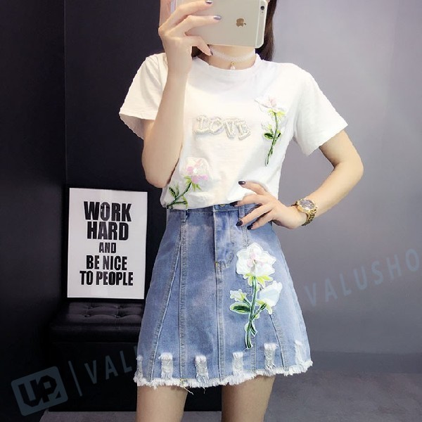 セットアップ レディース 上下セット 半袖ｔシャツ デニムスカート 2点セット 大きいサイズ 引き出物 ルームウェア 18春夏新作 刺繍柄