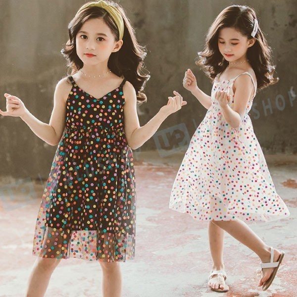 韓国子供服 夏服 ワンピース スリングワンピース 女の子 夏着 虹色ドット柄 可愛い オシャ 140 160cm 130 キッズ ブラック 激安 超特価 110 ホワイト 150 1