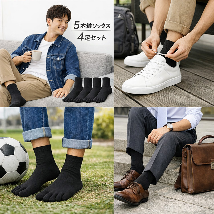 日本製 五本指ソックス メンズ 4足セット 黒 綿混 25-27cm 5本指 靴下