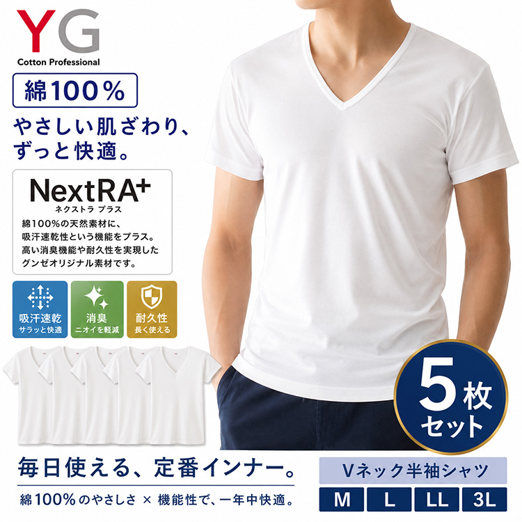 GUNZE（グンゼ） YG シャツ Vネック tシャツ 5枚セット シャツ 綿100