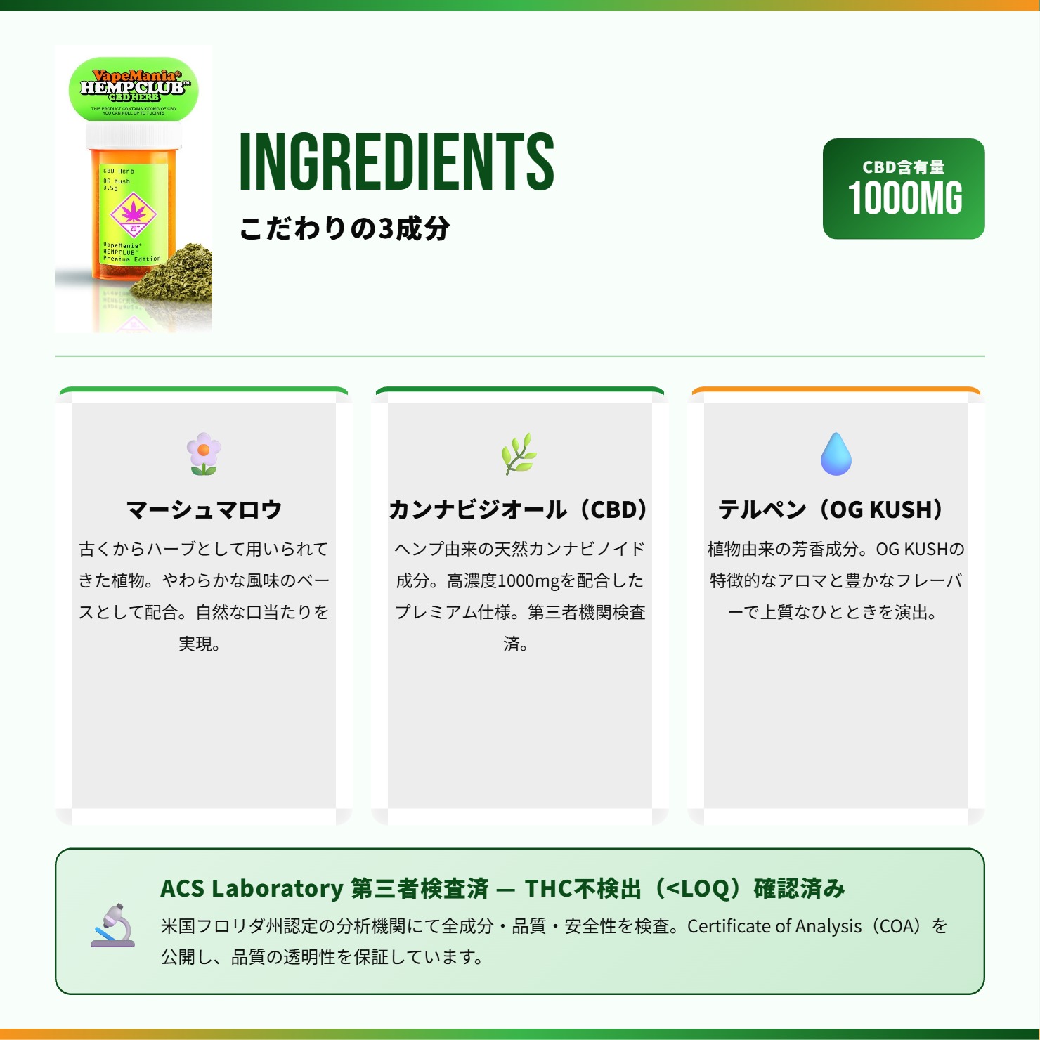 新商品／ CBD ハーブ VapeMania HEMP CLUB cbd1000mg HERB OG KUSH 3.5