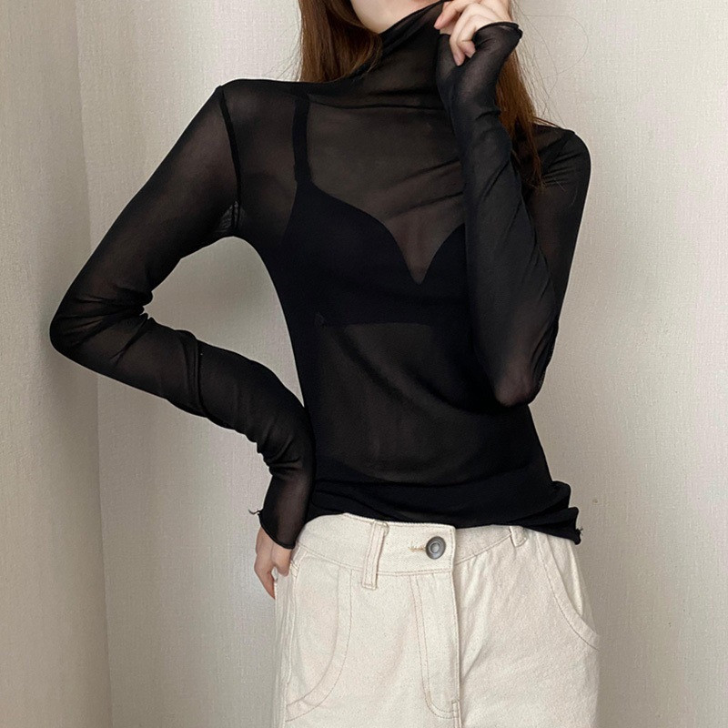 シースルー レディース 【2点購入で10％OFF】 シアートップス ブラウス チュール 薄手 カットソー 夏 Tシャツ 透け感 長袖 ハイネック インナー 重ね着 |  | 01