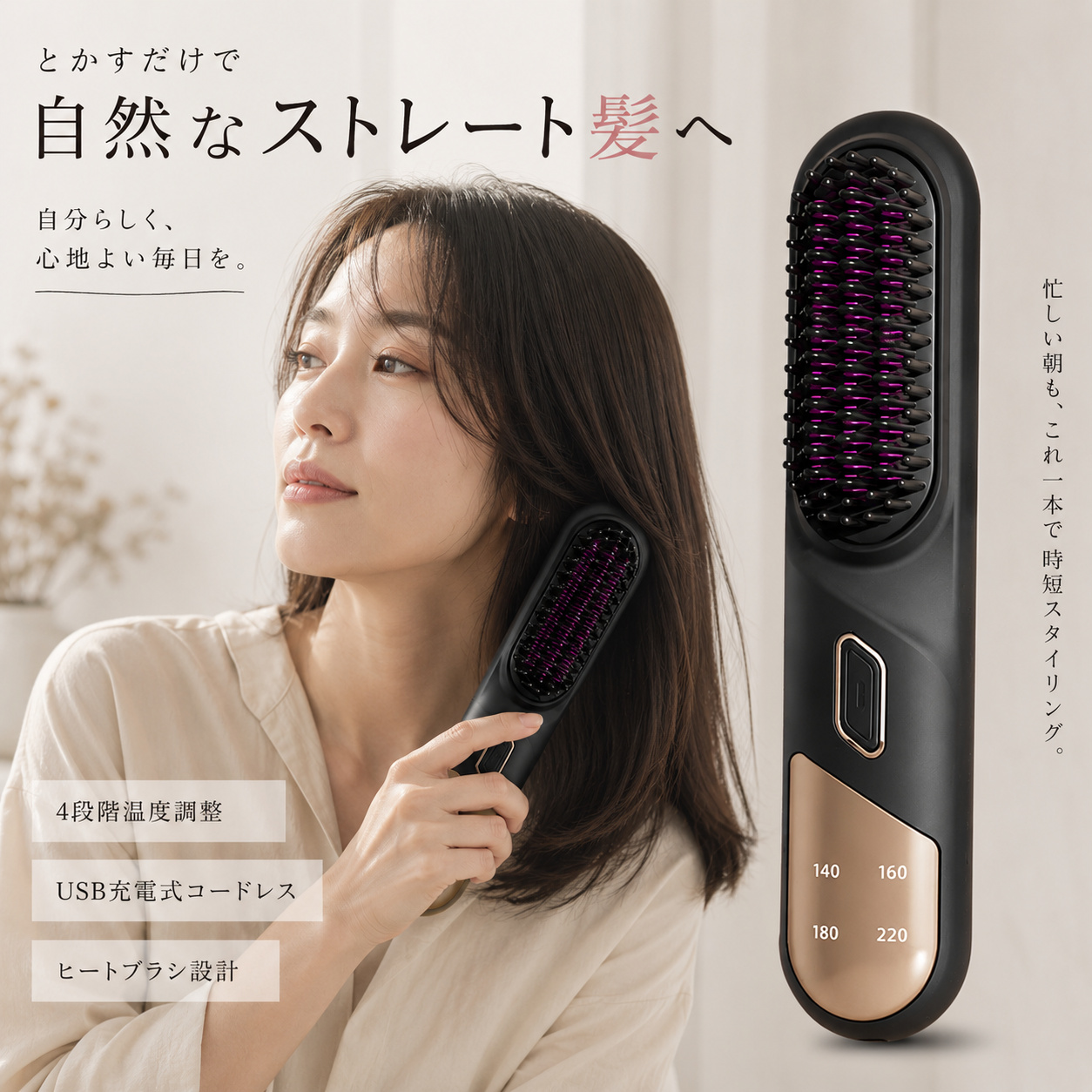 Salon  コードレス ストレートブラシ 充電式 持ち運び 温度調節 ヘアアイロン ストレート ブラシ 充電式 ヘアアイロンブラシ