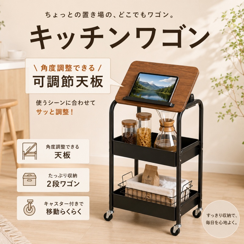 キッチンワゴン 天板付き 天板調節可 スリム キャスター付き 木製天板