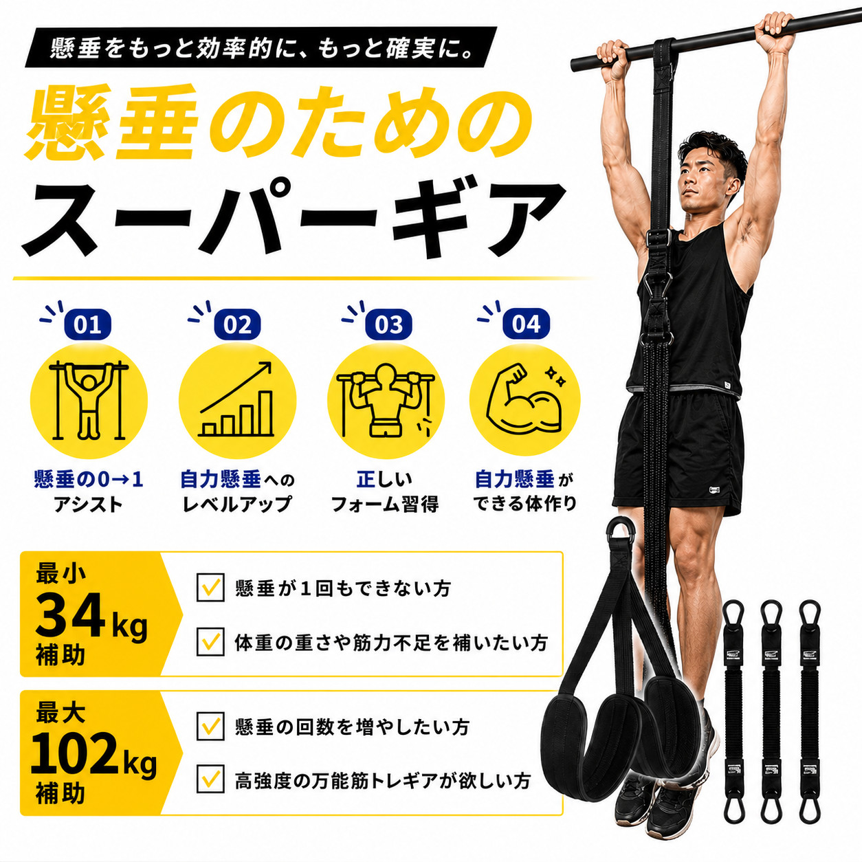 トレーニングチューブ 懸垂 アシスト チューブ 補助 3段階調節 筋トレ