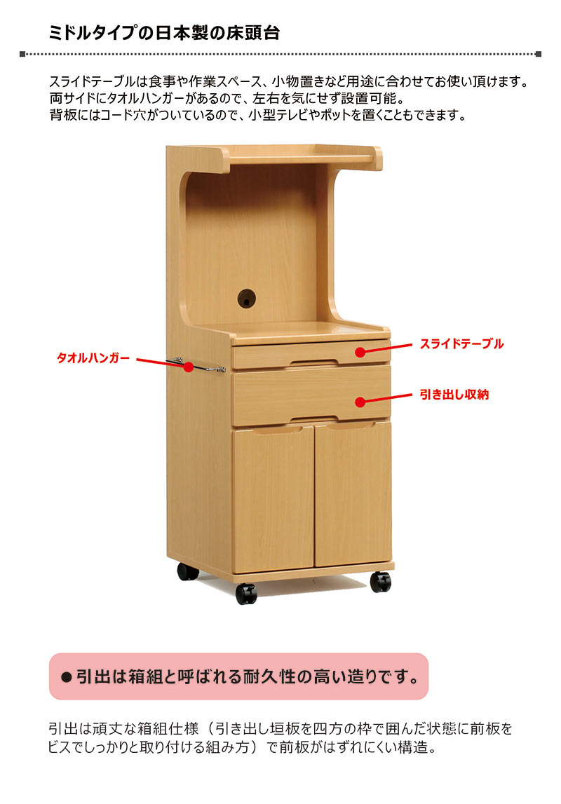 床頭台（キャスター付き） 床頭台 木製 幅50cm ミドルタイプ 開き戸 キャスター付き 病院 介護