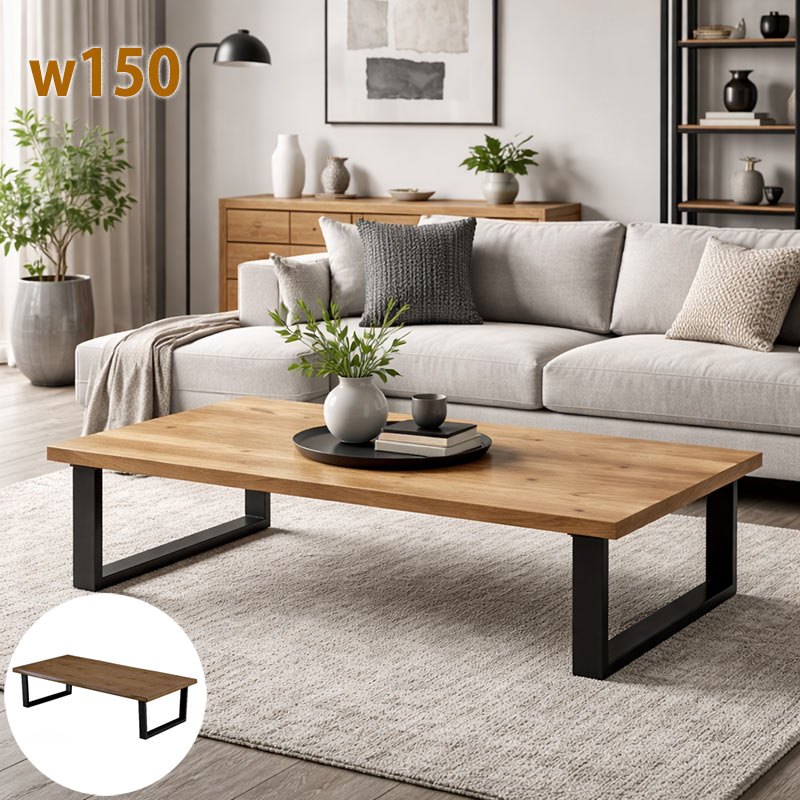 5日P9%〜 ローテーブル 幅150 北欧 オーク突板 一枚板風 なぐり加工