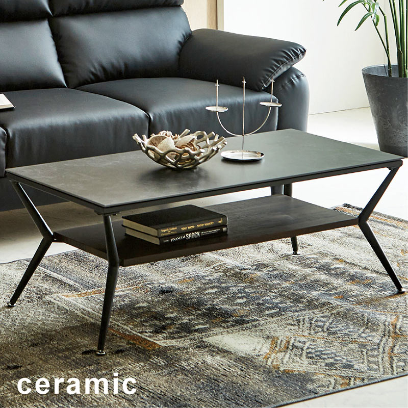 センターテーブル セラミック 幅100 黒 ローテーブル リビング 収納 棚
