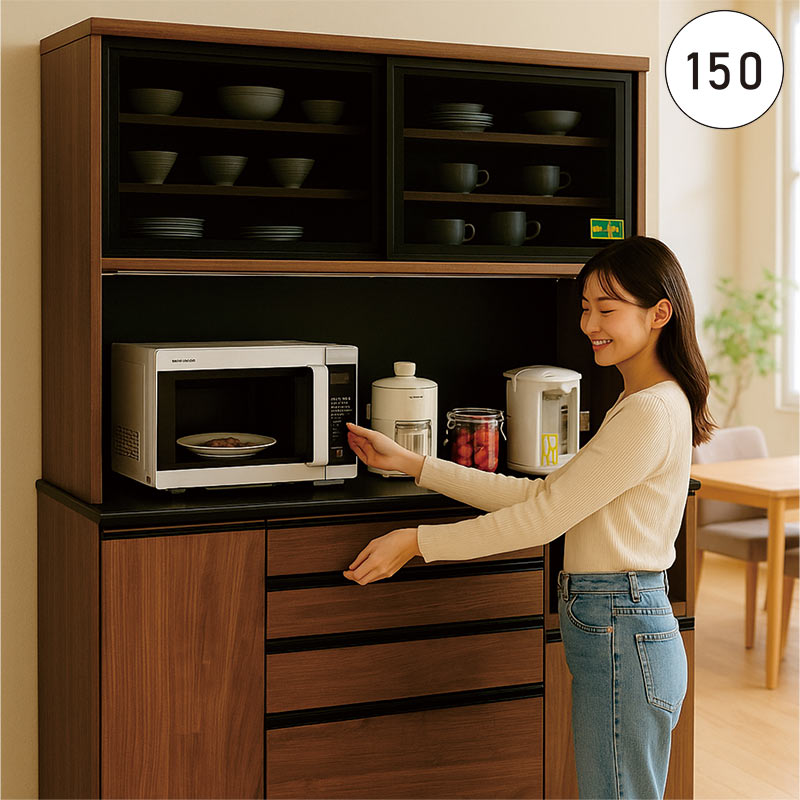 キッチンボード 150 引戸 完成品 キッチン 収納 木製 木目 黒 ガラス