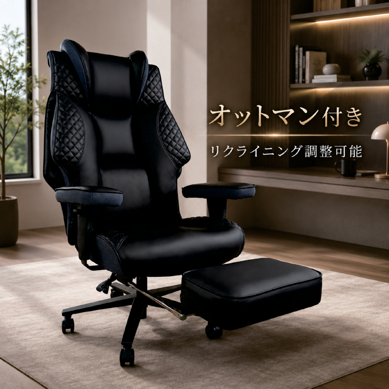 黒い合成皮革オットマン ゲーミングチェア オフィスチェア 椅子 デスクチェア リクライニング