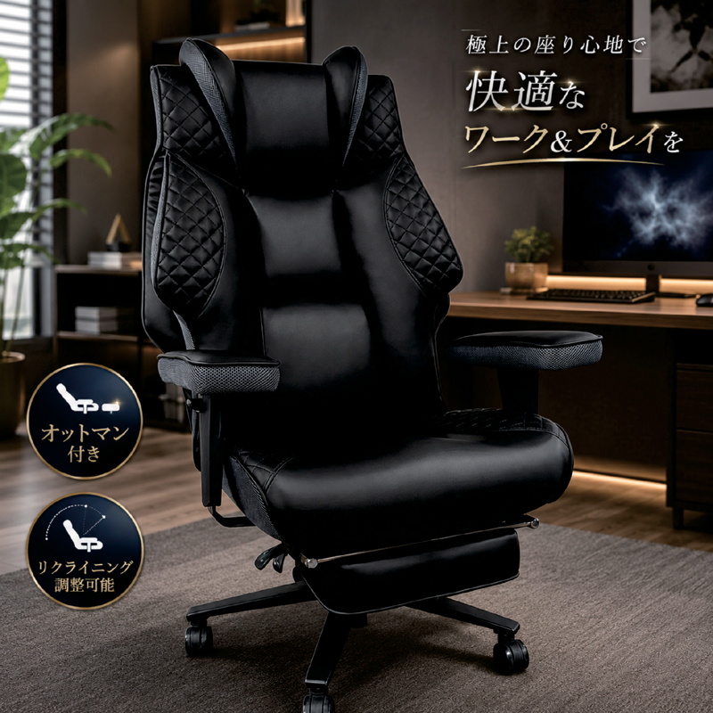 ゲーミングチェア オフィスチェア 椅子 デスクチェア リクライニング ハイバック オットマン付き 合成皮革 レザー 黒 肘付き