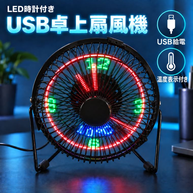 USB 卓上 扇風機 LED 時計 付き アナログ時計 表示 ミニ デスクファン
