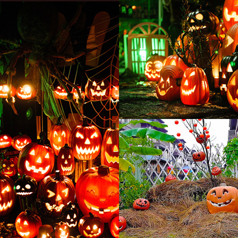 ハロウィン かぼちゃ置物 光る LED ジャックオーランタン 3連型 幅24cm