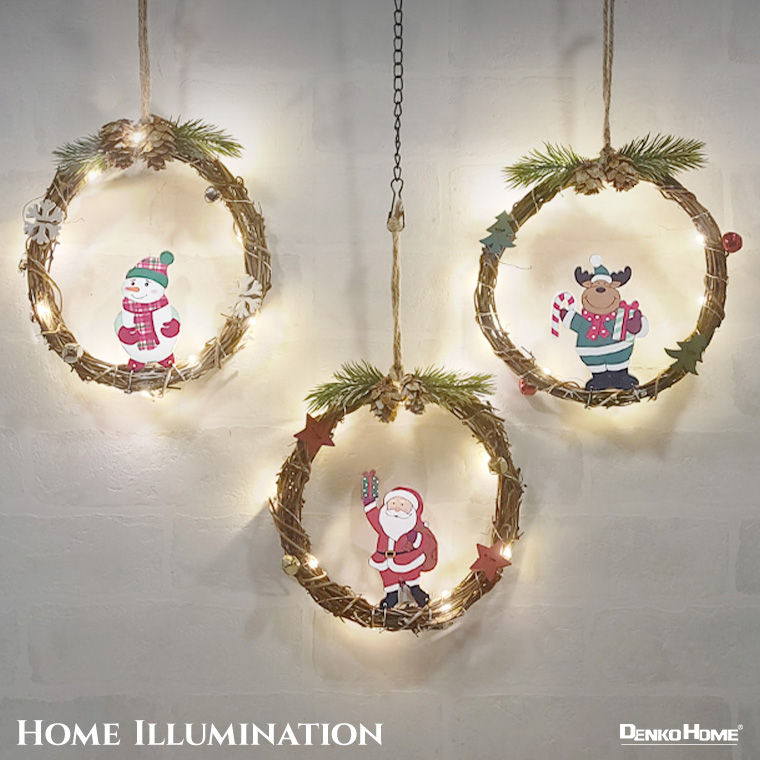 DENKO HOME イルミネーション クリスマスリース 木製 籐 丸型 サンタ