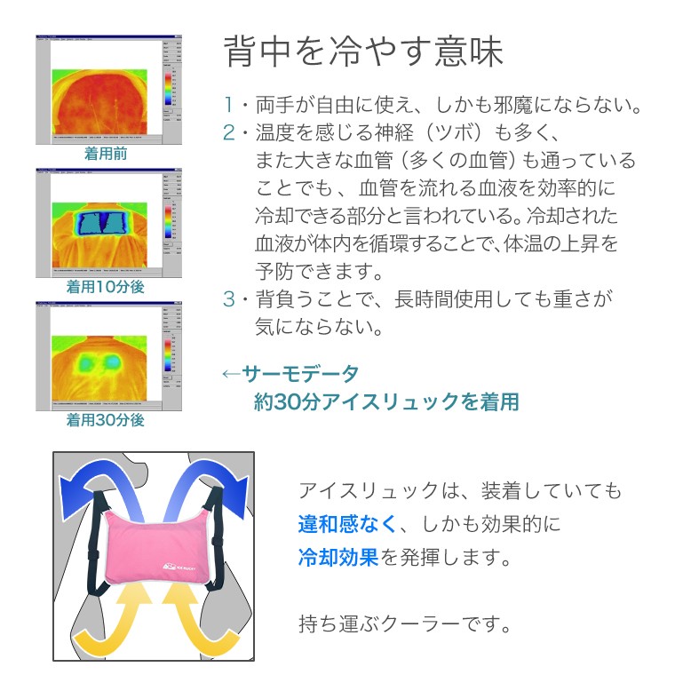 背中を冷やす意味。装着しても違和感なく、しかも効果的に冷却効果を発揮します。持ち運ぶクーラーです。