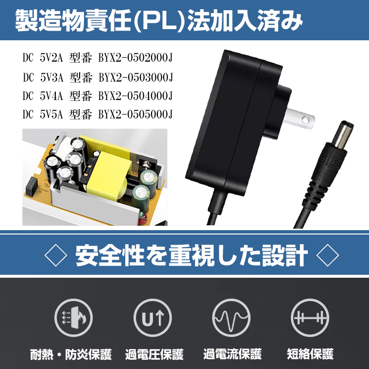高品質 5V 2A 電源アダプター DCプラグ 外径5.5mm 内径2.1mm