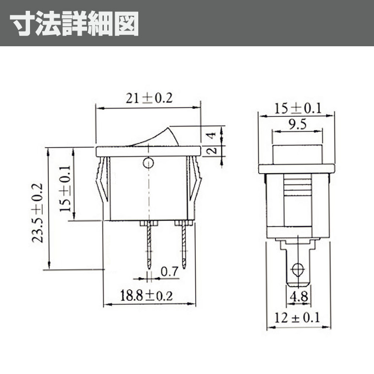 ロッカースイッチ 2ピン 単極単投 式 2ポジション ONーOFF 6A 250VAC 10A 125VAC