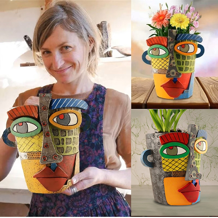 植木鉢 モダン 顔 アート フェイスベース カラフル フラワー ポット 抽象画 盆栽鉢 多肉植物 観葉植物