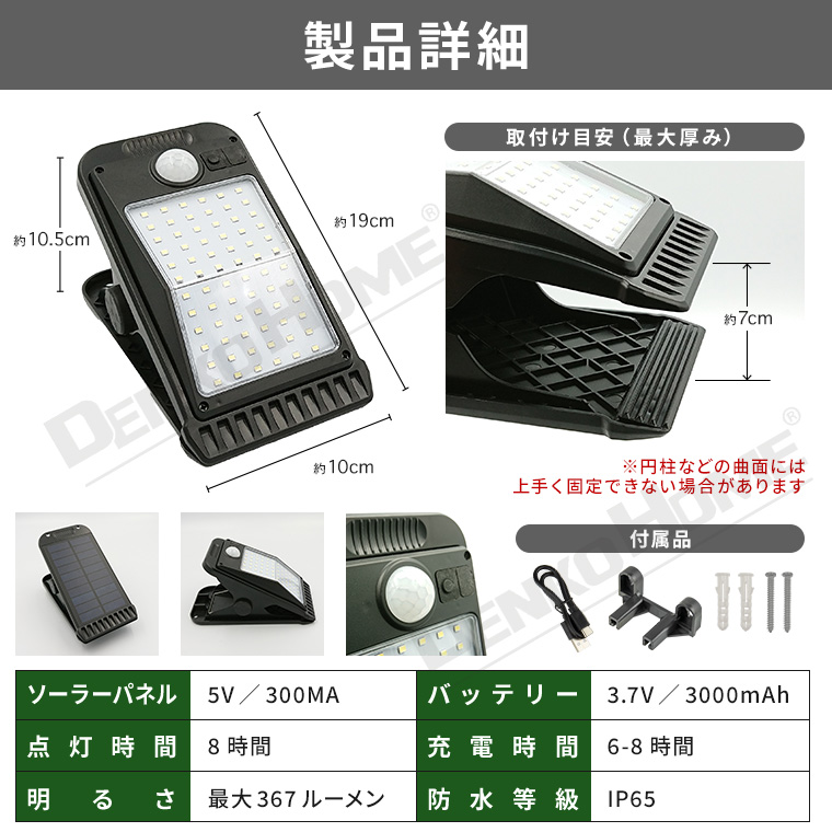 DENKO HOME ソーラー センサーライト 人感センサー クリップ式