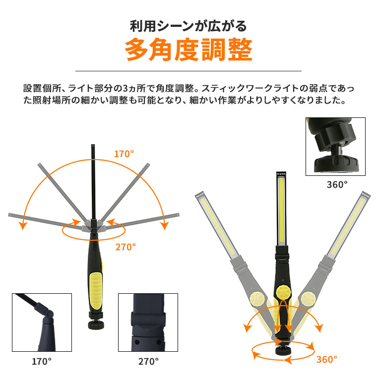 LED 作業灯 ワークライト スティック 400lm 充電式 無段階調光 角度