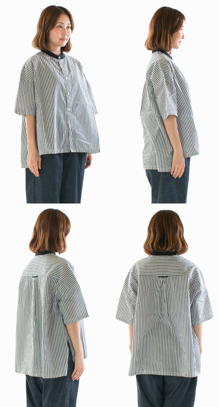 Prit プリット 50／1綿麻ブロード5分袖スタンドカラークレリックワイド