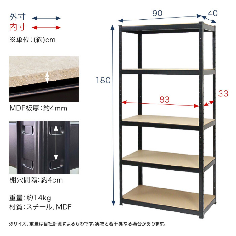 スチールラック 5段 分割可 幅90cm 奥行き40cm 高さ180cm 総耐