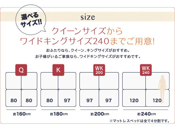 日本アウトレット 家族を繋ぐ大型マットレスベッド ポケットコイル タオルタイプセット ワイドK200 脚8cm 組立設置付