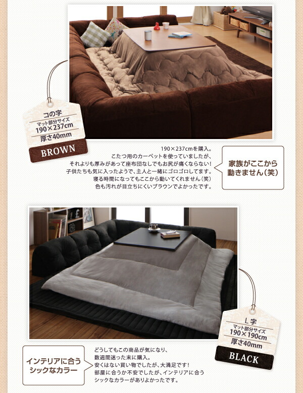 こたつと合わせるソファ こたつに合わせるフロアコーナーソファ L字 マット部分サイズ 142×142cm 厚さ40mm マット部分サイズ 142×142cm 厚さ40mm 190×190cm