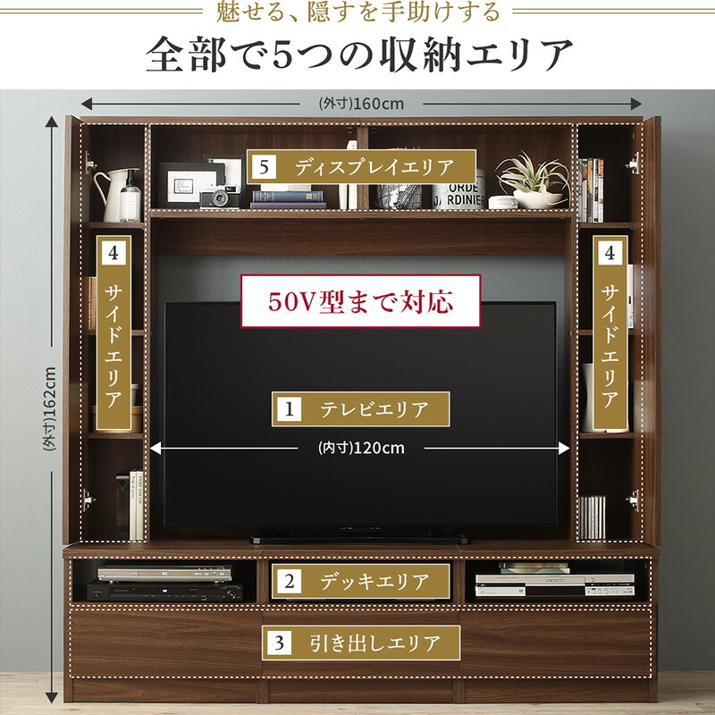 テレビ台 ハイタイプ ウォールナット テレビボード TV台 50型 50インチ 大型テレビ 収納 収納付き 棚 引き出し AVラック 42インチ 壁面収納 背面コード 白｜vegaandever｜06