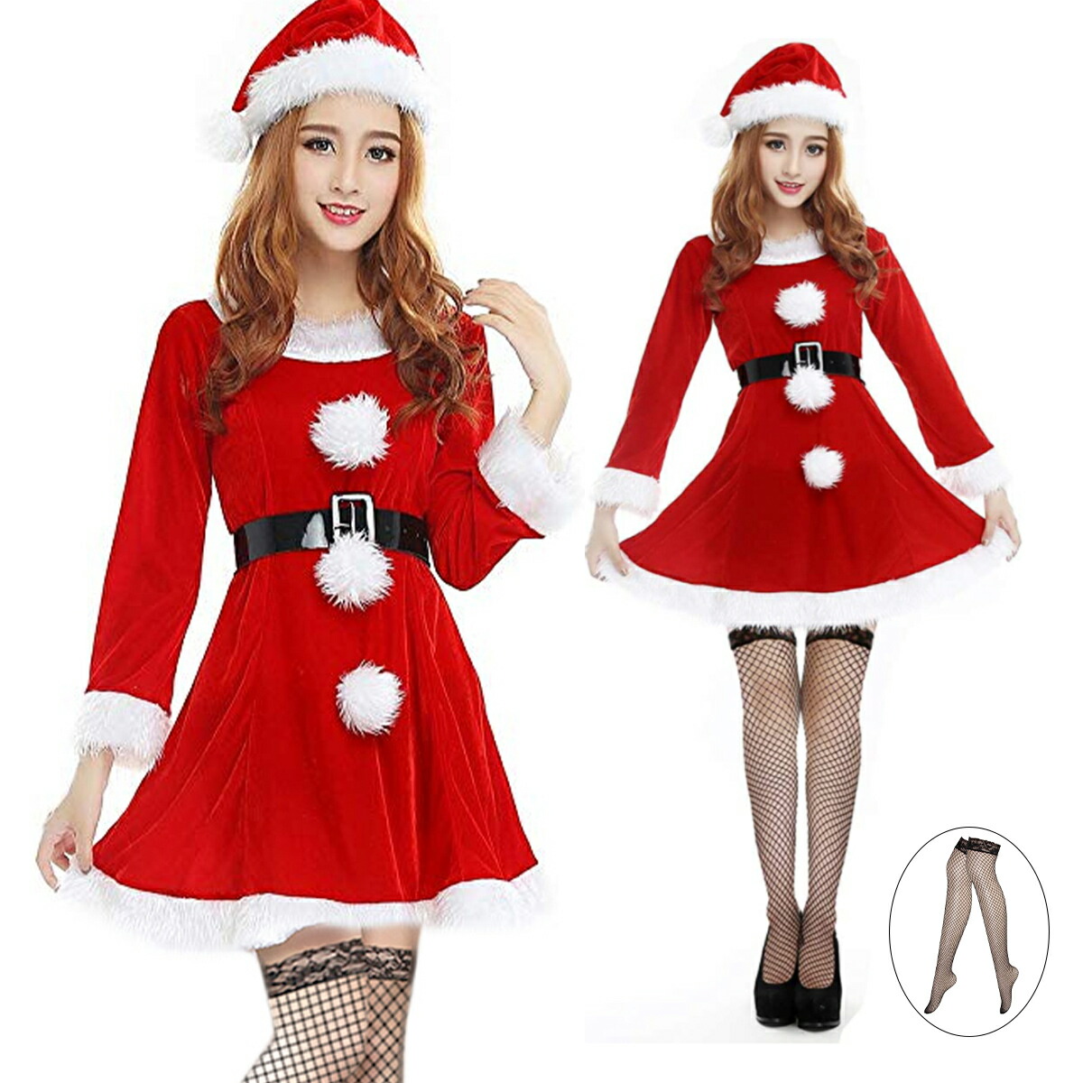 VeroMan クリスマス サンタ コスプレ ロング丈 80cm 網タイツ付き コスチューム 衣装 4点セット