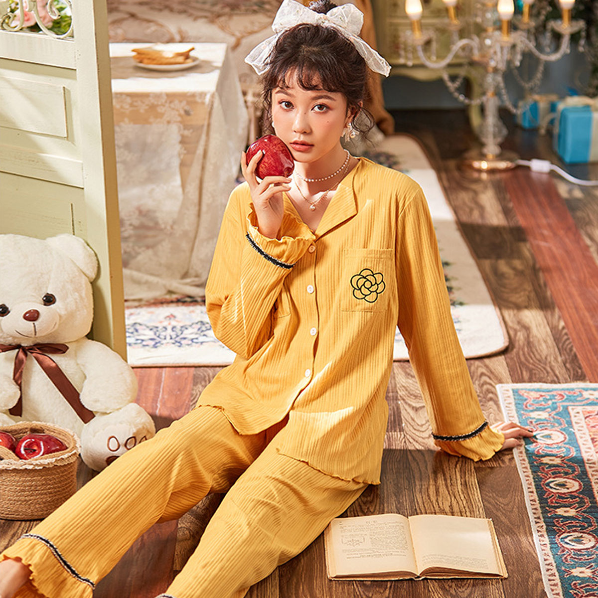 韓国 パジャマ イエロー 綿100％ 上下 夏用 部屋着 レディース 45731341423_1.jpg