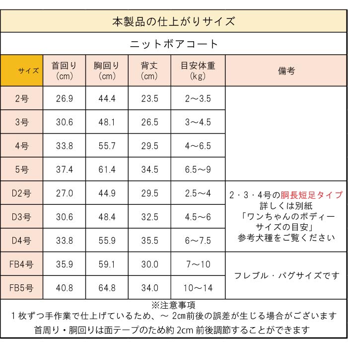 製品仕上がりサイズ表